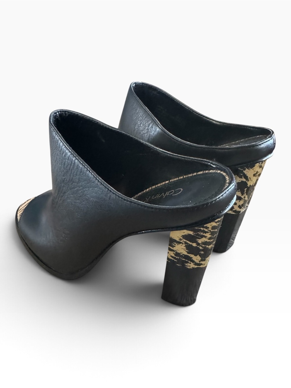 Calvin Klein Janica Black Leather Open-Toe Mules with Gold Accent Heel